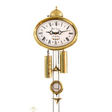Antiguo reloj de pared, con pesas y péndulo de cuerda manual, es de origen francés-holandés, y funcionando.